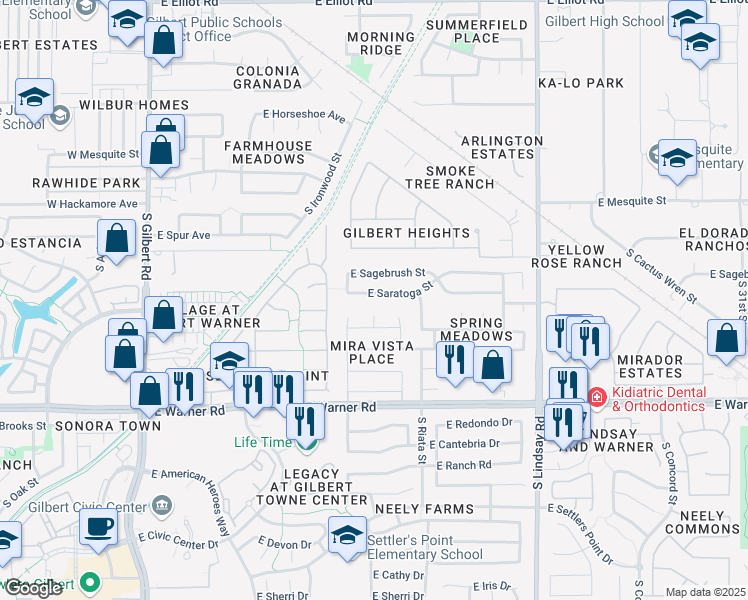 map of restaurants, bars, coffee shops, grocery stores, and more near 630 South Corrine Court in Gilbert