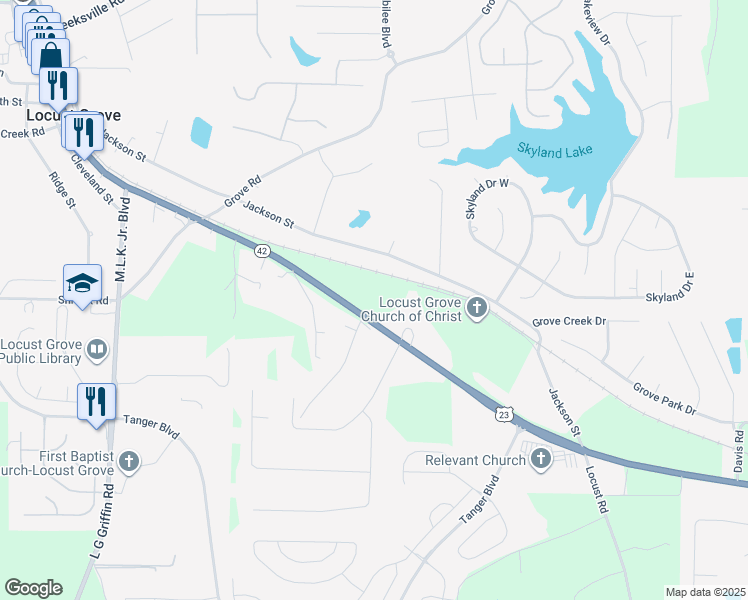 map of restaurants, bars, coffee shops, grocery stores, and more near 4409 Georgia 42 in Locust Grove