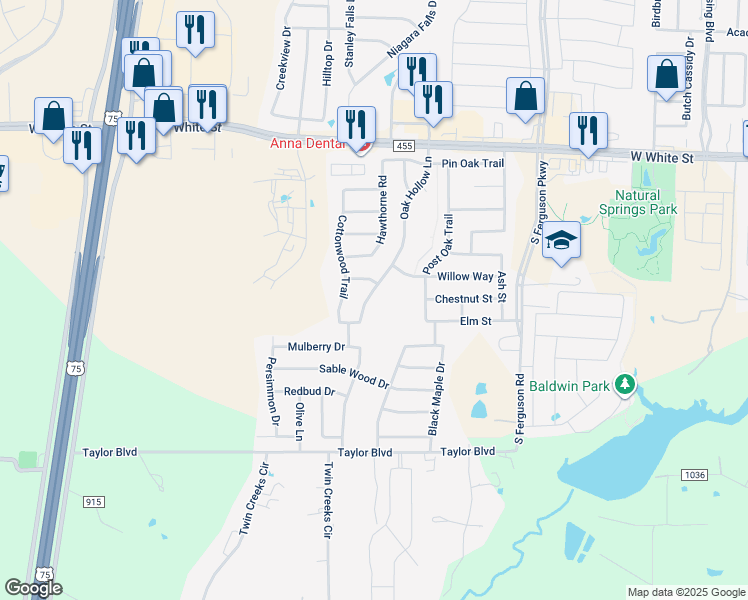 map of restaurants, bars, coffee shops, grocery stores, and more near 1401 Oak Hollow Lane in Anna
