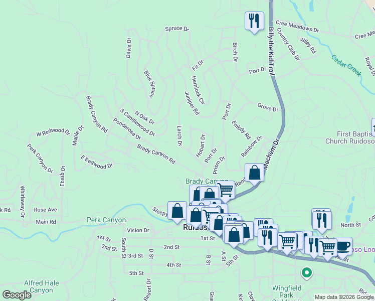 map of restaurants, bars, coffee shops, grocery stores, and more near 155 Larch Drive in Ruidoso