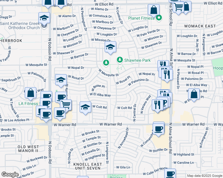 map of restaurants, bars, coffee shops, grocery stores, and more near 2202 North Arrowhead Drive in Chandler