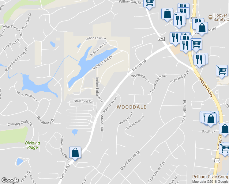 map of restaurants, bars, coffee shops, grocery stores, and more near 4 Hayesbury Court in Pelham
