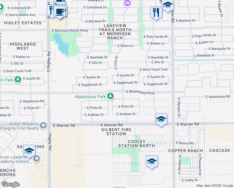 map of restaurants, bars, coffee shops, grocery stores, and more near 3626 East Appaloosa Road in Gilbert