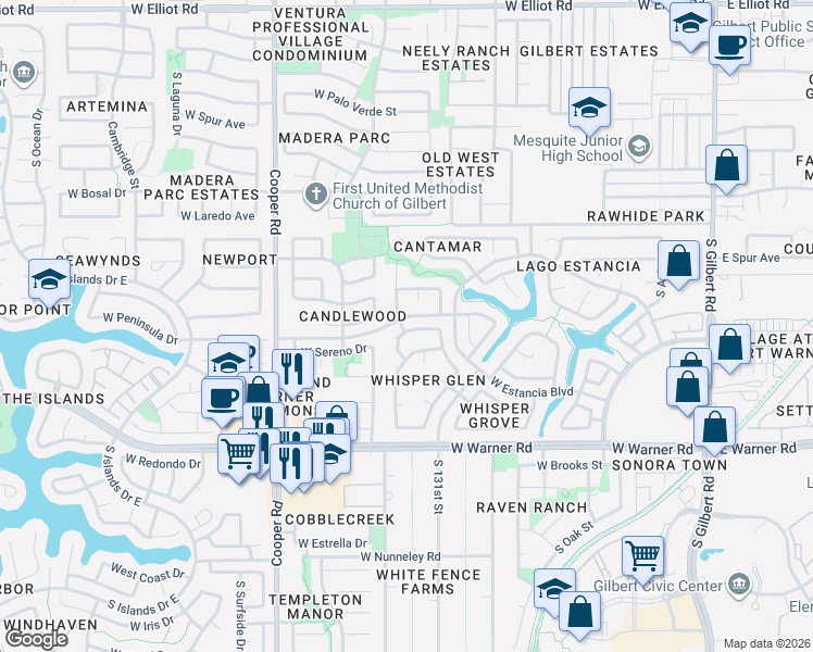 map of restaurants, bars, coffee shops, grocery stores, and more near 610 South Golden Key Street in Gilbert