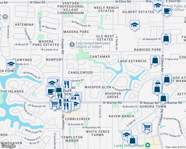 map of restaurants, bars, coffee shops, grocery stores, and more near 610 South Golden Key Street in Gilbert