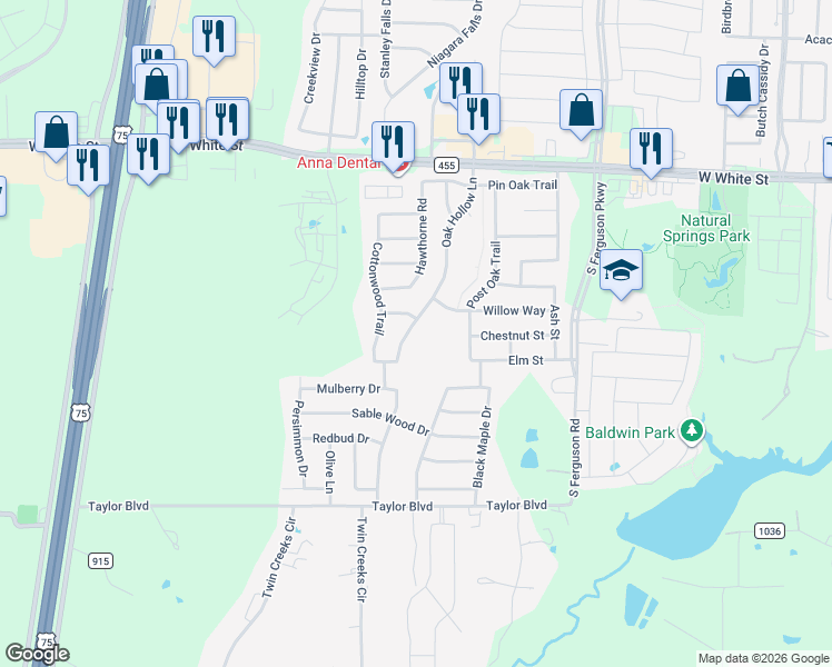 map of restaurants, bars, coffee shops, grocery stores, and more near 1401 Oak Hollow Lane in Anna
