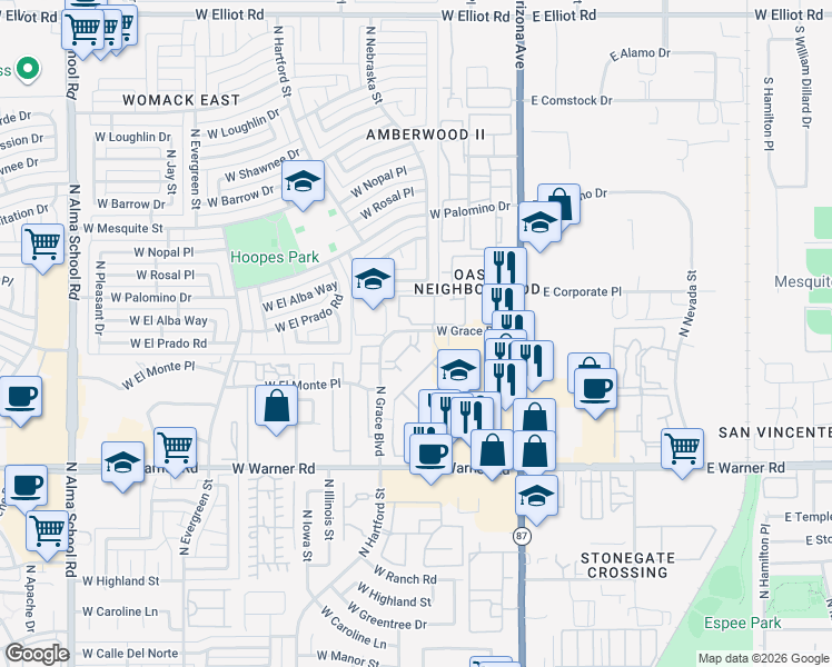 map of restaurants, bars, coffee shops, grocery stores, and more near 2155 West Grace Boulevard in Chandler
