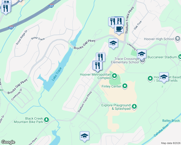 map of restaurants, bars, coffee shops, grocery stores, and more near 5603 Brayden Circle in Hoover