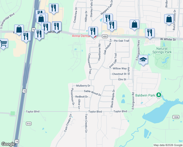 map of restaurants, bars, coffee shops, grocery stores, and more near 1424 Oak Hollow Lane in Anna