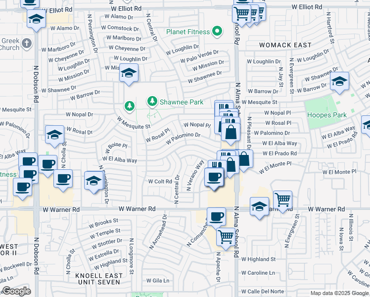 map of restaurants, bars, coffee shops, grocery stores, and more near 1208 West El Prado Road in Chandler