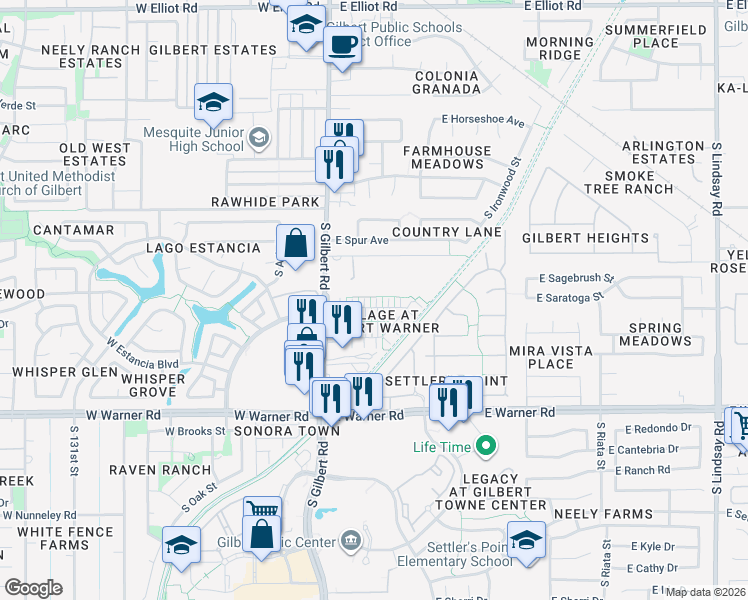 map of restaurants, bars, coffee shops, grocery stores, and more near 117 East Catclaw Street in Gilbert