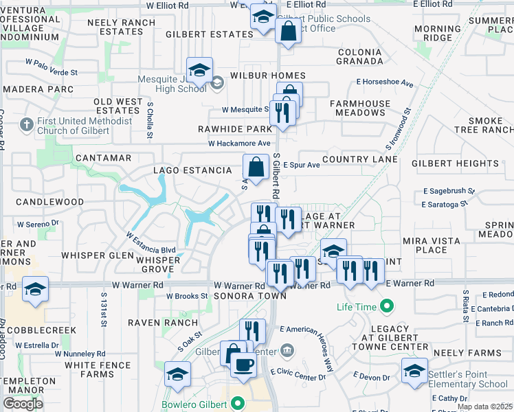 map of restaurants, bars, coffee shops, grocery stores, and more near 630 South Gilbert Road in Gilbert