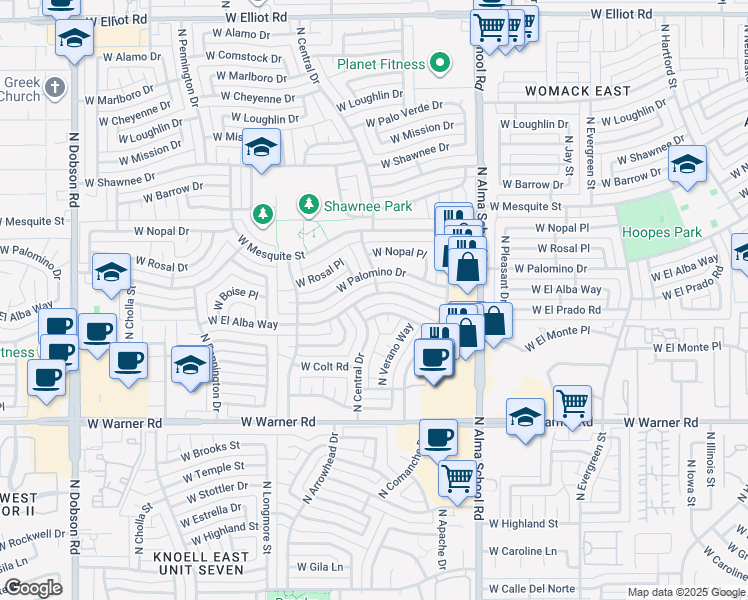 map of restaurants, bars, coffee shops, grocery stores, and more near 1208 West El Prado Road in Chandler