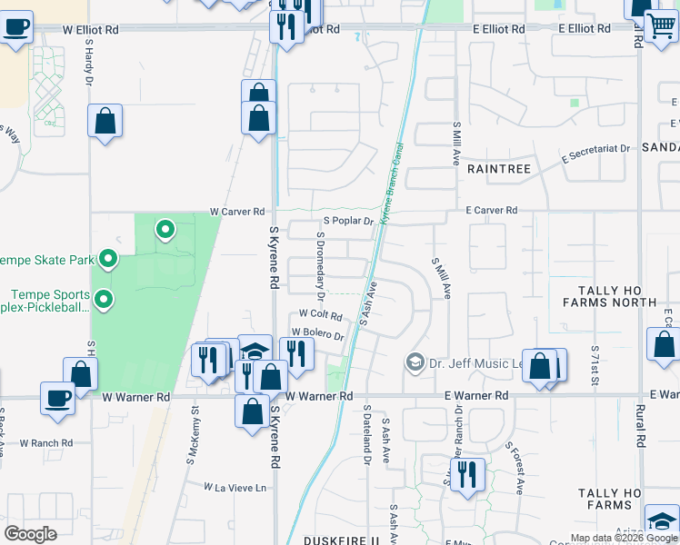 map of restaurants, bars, coffee shops, grocery stores, and more near 281 West El Freda Road in Tempe