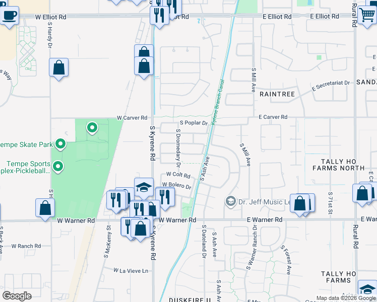 map of restaurants, bars, coffee shops, grocery stores, and more near 281 West El Freda Road in Tempe