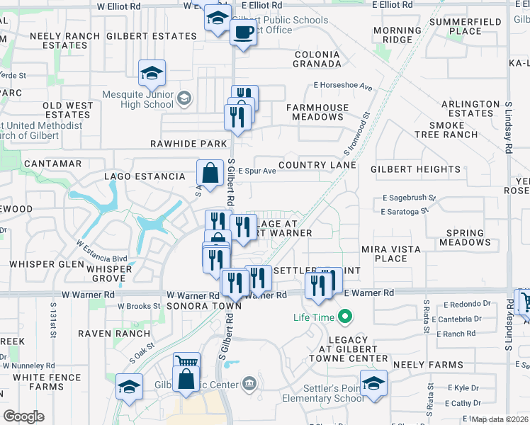 map of restaurants, bars, coffee shops, grocery stores, and more near 117 East Catclaw Street in Gilbert