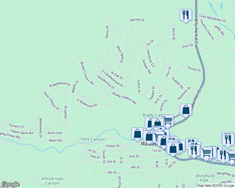 map of restaurants, bars, coffee shops, grocery stores, and more near 185-199 Brady Canyon Road in Ruidoso