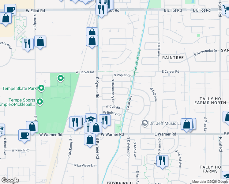 map of restaurants, bars, coffee shops, grocery stores, and more near 368 West Palomino Drive in Tempe