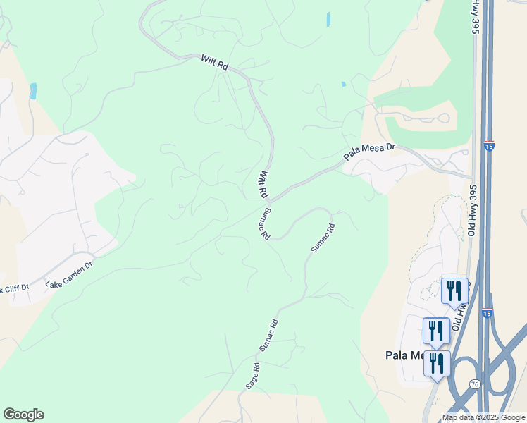 map of restaurants, bars, coffee shops, grocery stores, and more near 2711 Sumac Road in Fallbrook