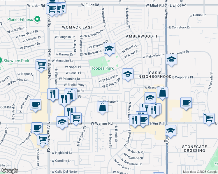 map of restaurants, bars, coffee shops, grocery stores, and more near 527 West Sundance Way in Chandler