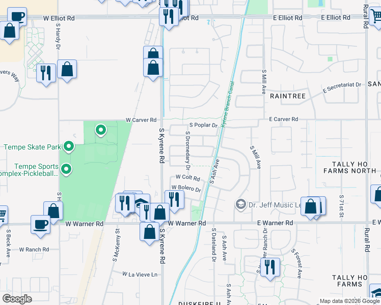 map of restaurants, bars, coffee shops, grocery stores, and more near 368 West Palomino Drive in Tempe