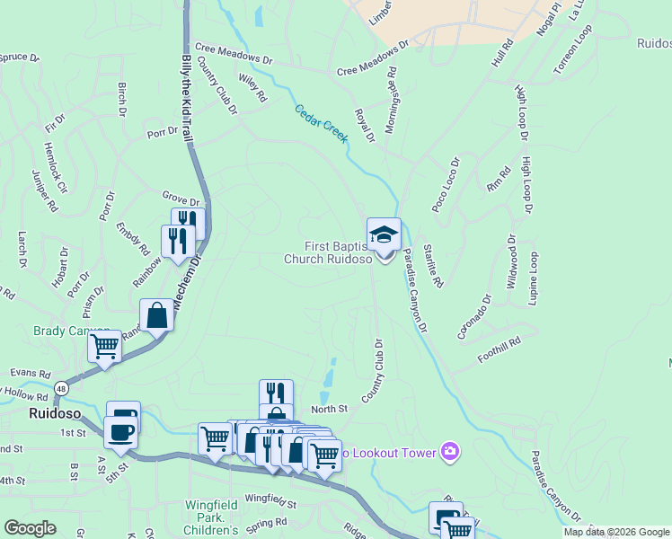 map of restaurants, bars, coffee shops, grocery stores, and more near 299 E Rainbow Dr in Ruidoso