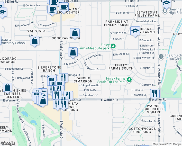 map of restaurants, bars, coffee shops, grocery stores, and more near 1855 East Saratoga Street in Gilbert
