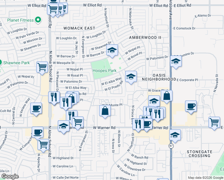 map of restaurants, bars, coffee shops, grocery stores, and more near 527 West Sundance Way in Chandler