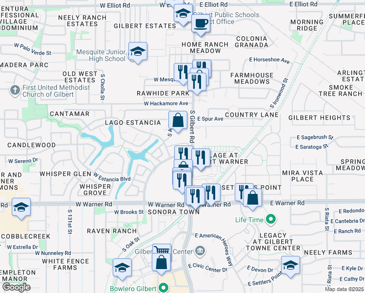 map of restaurants, bars, coffee shops, grocery stores, and more near 580 South Gilbert Road in Gilbert