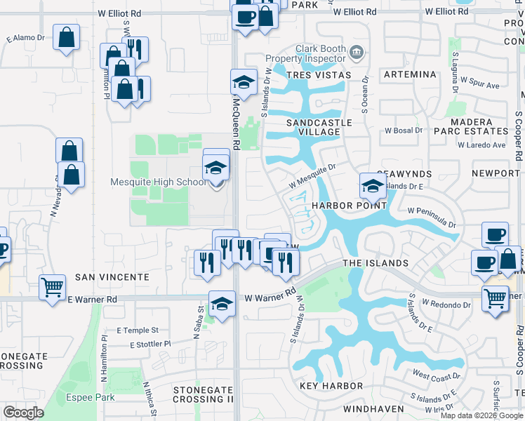 map of restaurants, bars, coffee shops, grocery stores, and more near 1450 West Coquina Drive in Gilbert