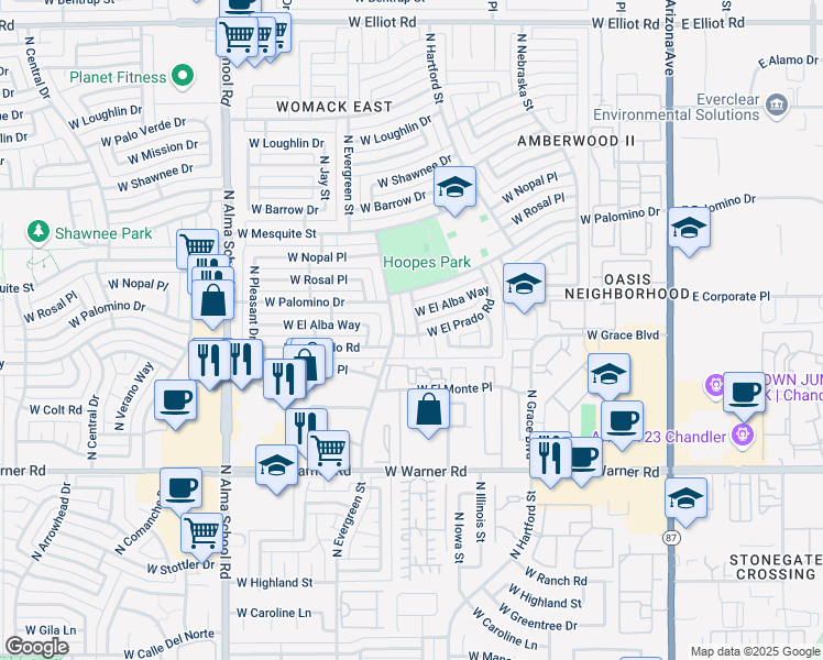 map of restaurants, bars, coffee shops, grocery stores, and more near 2310 North Cheri Lynn Drive in Chandler