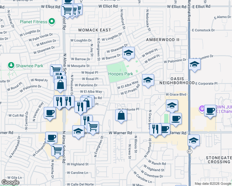 map of restaurants, bars, coffee shops, grocery stores, and more near 2310 North Cheri Lynn Drive in Chandler