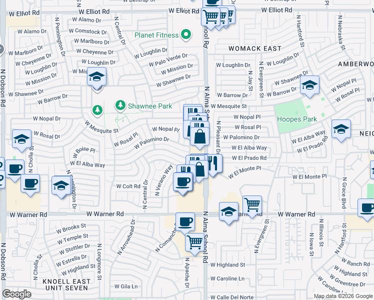 map of restaurants, bars, coffee shops, grocery stores, and more near 1101 West El Alba Way in Chandler