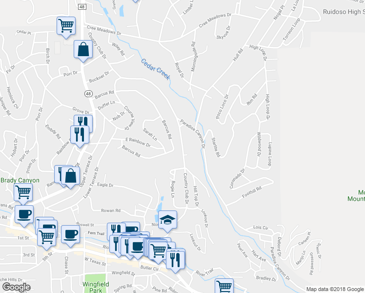 map of restaurants, bars, coffee shops, grocery stores, and more near 276 Country Club Drive in Ruidoso