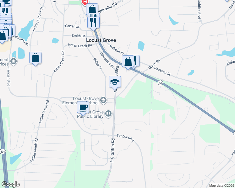 map of restaurants, bars, coffee shops, grocery stores, and more near 84 Martin Luther King Jr. Boulevard in Locust Grove