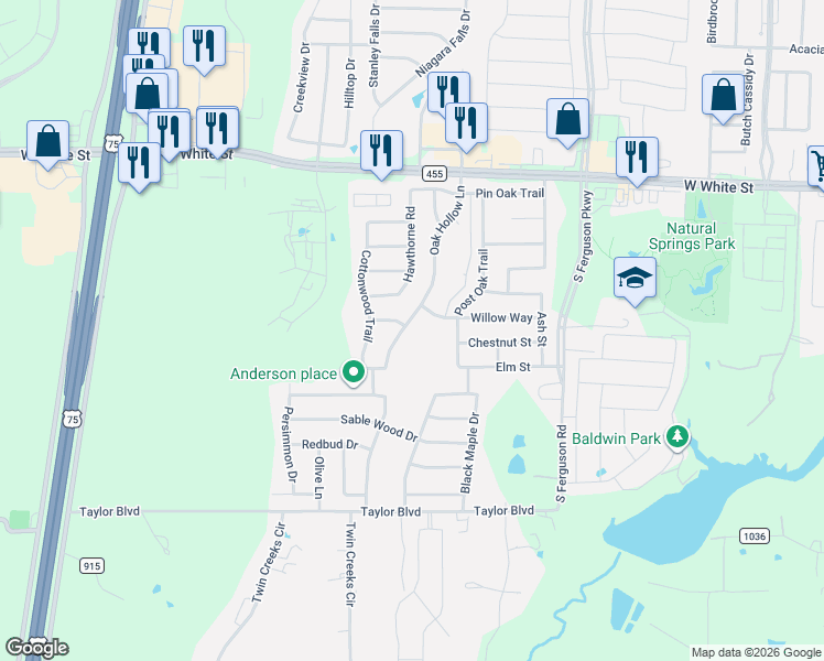 map of restaurants, bars, coffee shops, grocery stores, and more near 1201 Oak Hollow Lane in Anna