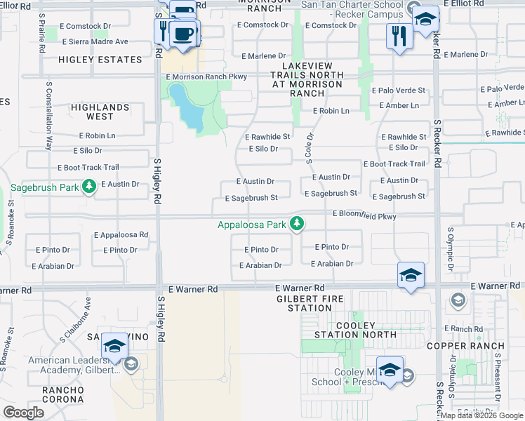 map of restaurants, bars, coffee shops, grocery stores, and more near 3466 East Sagebrush Street in Gilbert