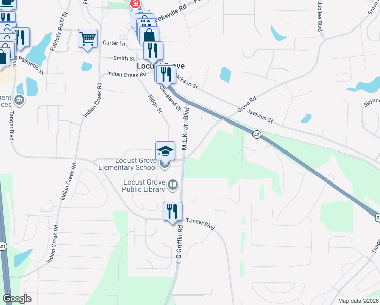 map of restaurants, bars, coffee shops, grocery stores, and more near 84 Martin Luther King Jr. Boulevard in Locust Grove