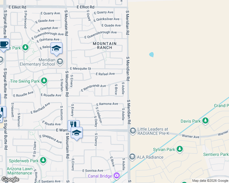 map of restaurants, bars, coffee shops, grocery stores, and more near 4109 South Brice in Mesa