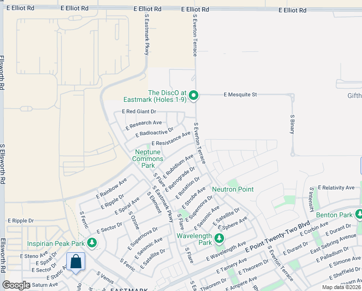 map of restaurants, bars, coffee shops, grocery stores, and more near 9931 East Resistance Avenue in Mesa
