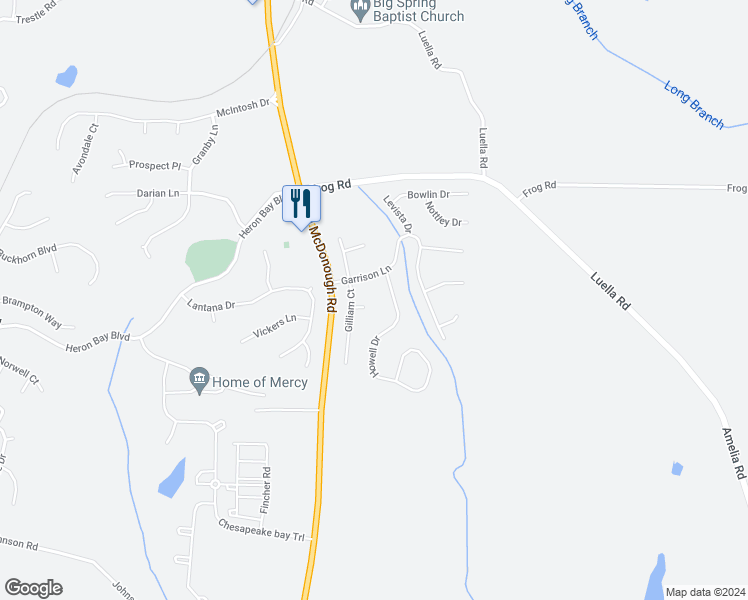 map of restaurants, bars, coffee shops, grocery stores, and more near 413 Mazley Drive in Locust Grove