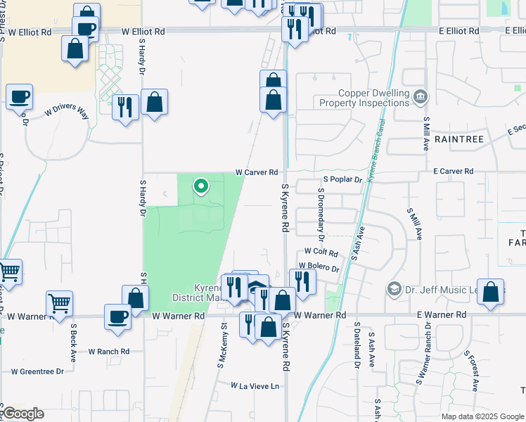 map of restaurants, bars, coffee shops, grocery stores, and more near 8270 South Kyrene Road in Tempe