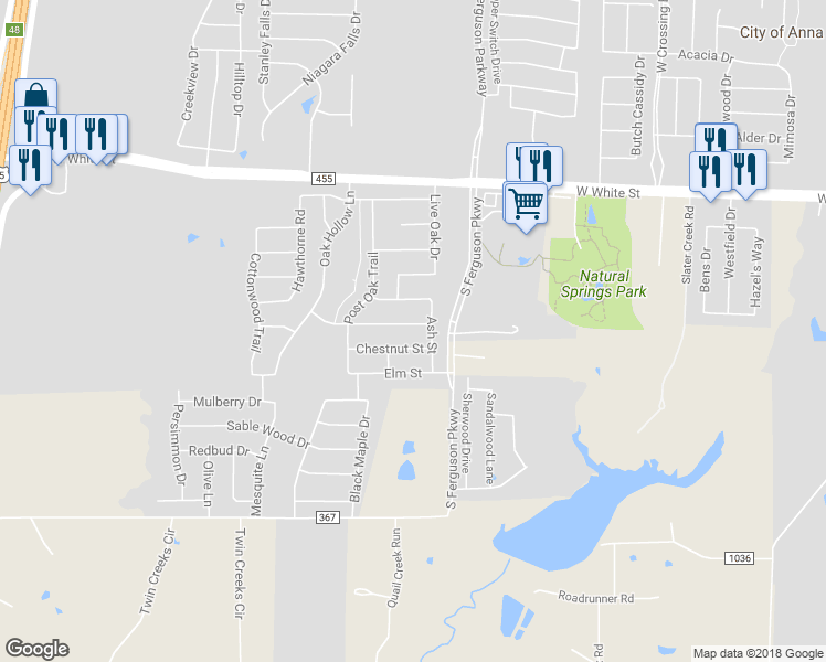 map of restaurants, bars, coffee shops, grocery stores, and more near 1613 Willow Way in Anna