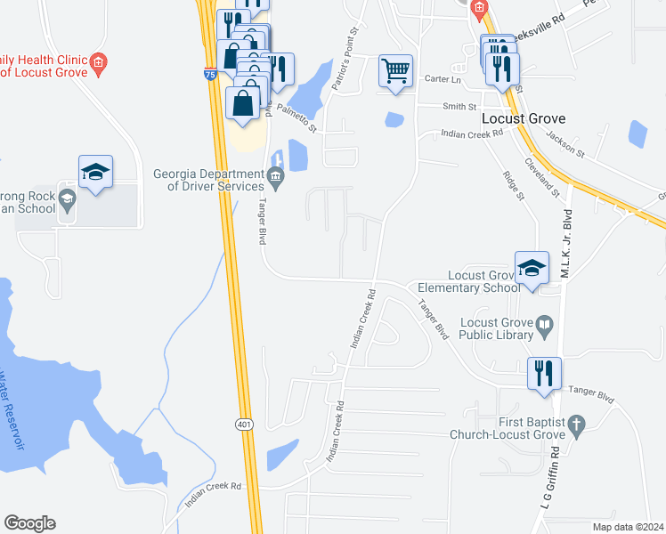 map of restaurants, bars, coffee shops, grocery stores, and more near 307 Clover Brook Drive in Locust Grove