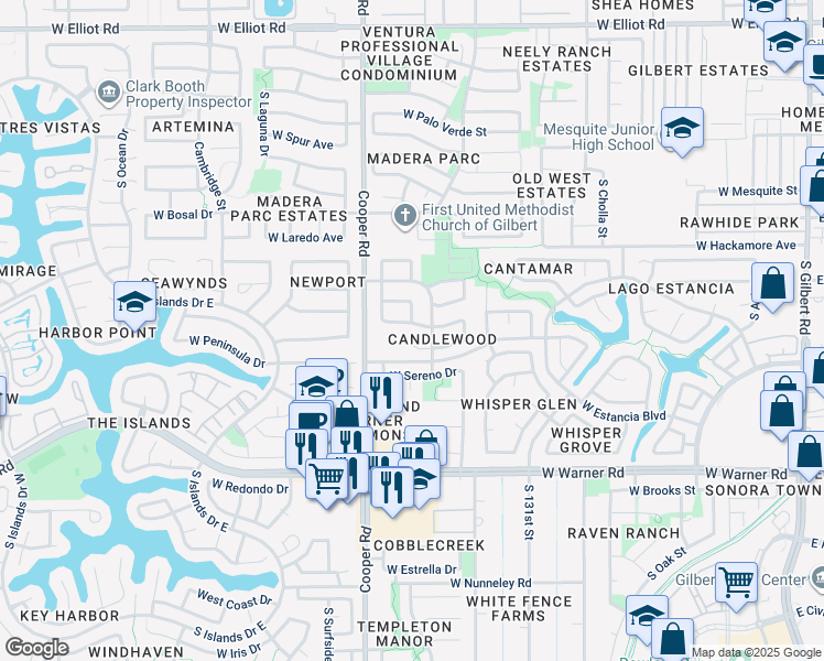 map of restaurants, bars, coffee shops, grocery stores, and more near 732 West Tumbleweed Road in Gilbert