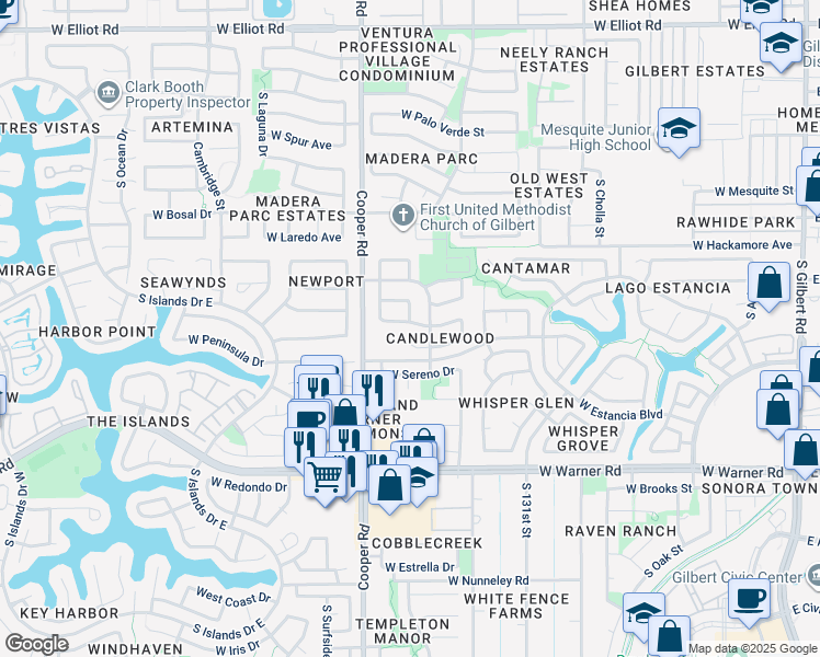 map of restaurants, bars, coffee shops, grocery stores, and more near 732 West Tumbleweed Road in Gilbert