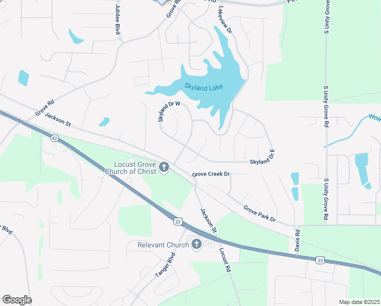 map of restaurants, bars, coffee shops, grocery stores, and more near 1 Skyland Drive in Locust Grove