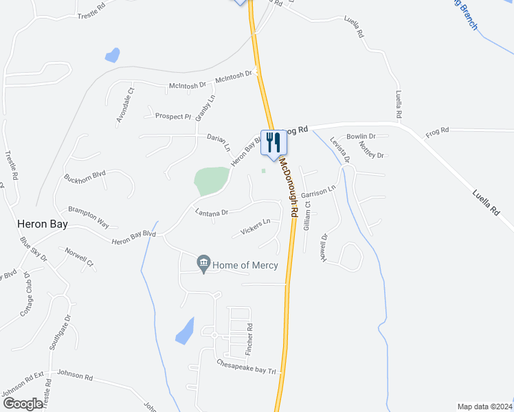 map of restaurants, bars, coffee shops, grocery stores, and more near 168 Lantana Drive in Locust Grove