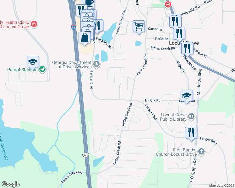 map of restaurants, bars, coffee shops, grocery stores, and more near 309 Clover Brook Drive in Locust Grove