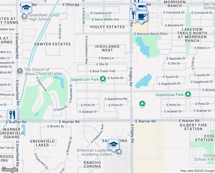 map of restaurants, bars, coffee shops, grocery stores, and more near 3046 East Sagebrush Street in Gilbert